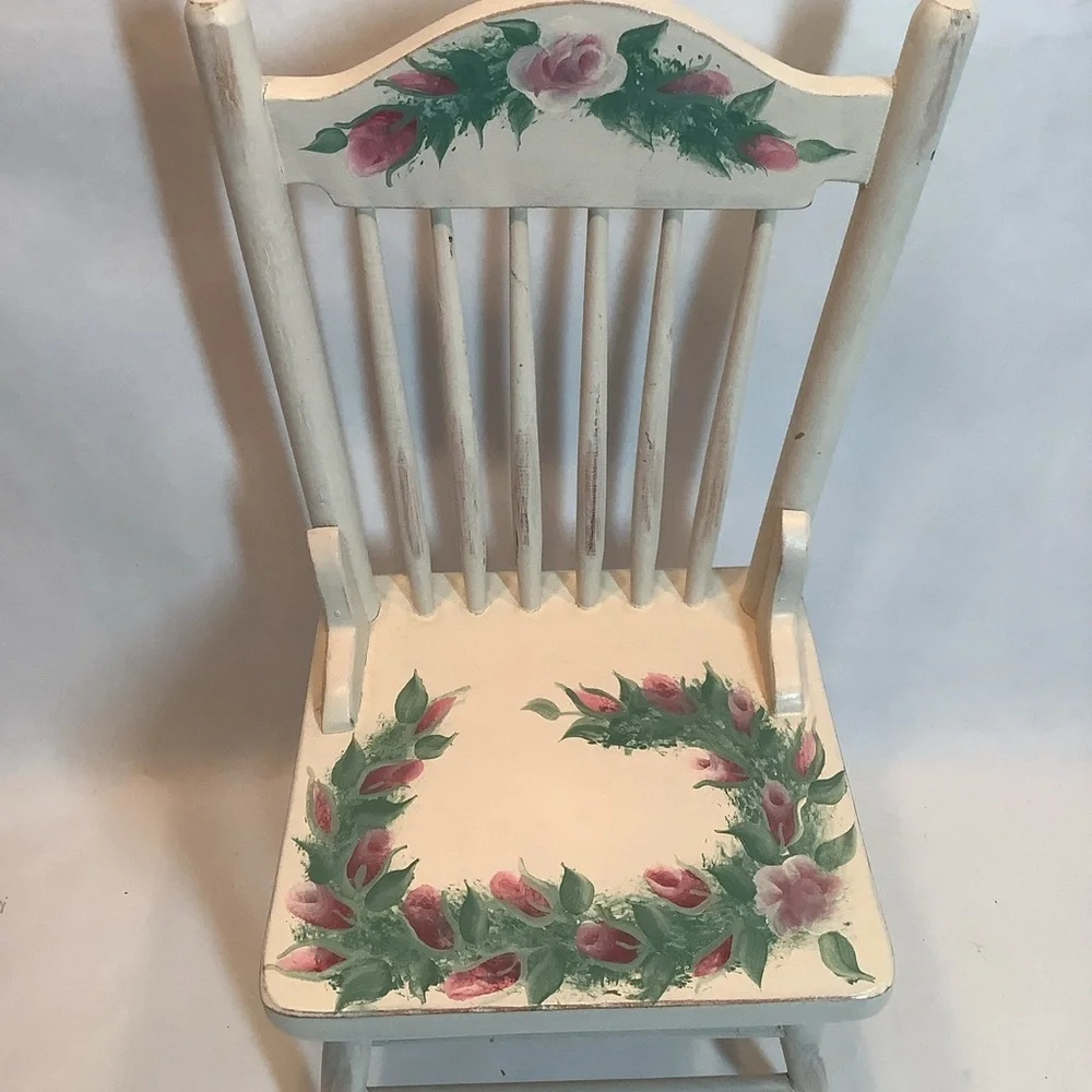 Hand Painted Doll Size Chair Rose Bud Artist Signed 12” Wood White Pink Green